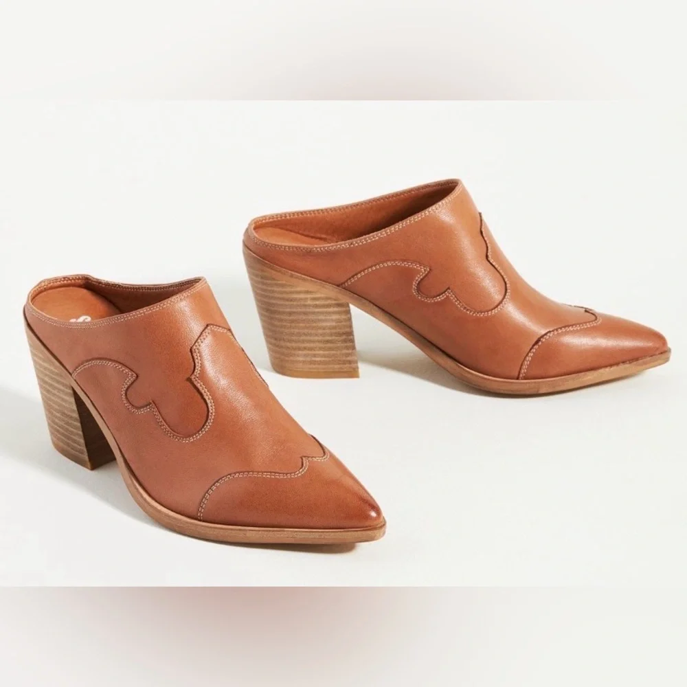 Silent D Mopat Mule Heels 39 US 8.5 Honey Brown Leather Western Anthropologie - Picture 1 of 11